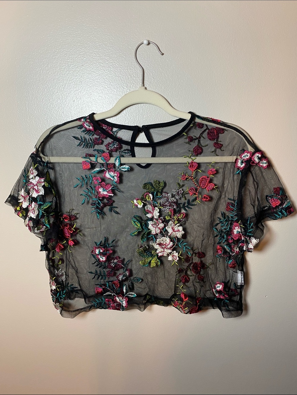 Embroidered Black Mesh Crop Top with Colorful Floral Accents Medium